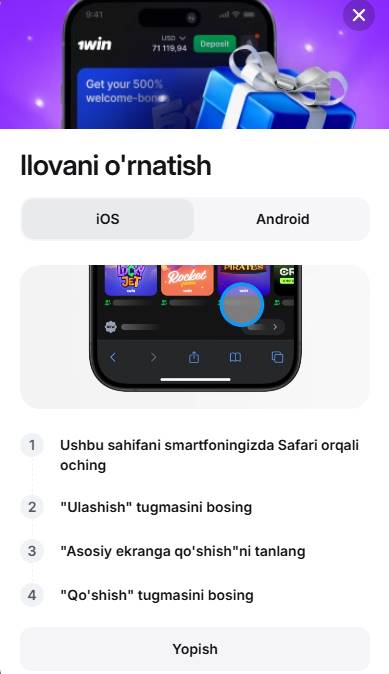 1Win мобил иловаси Android iOS Windows — казино ва спорт тикишлари смартфондан